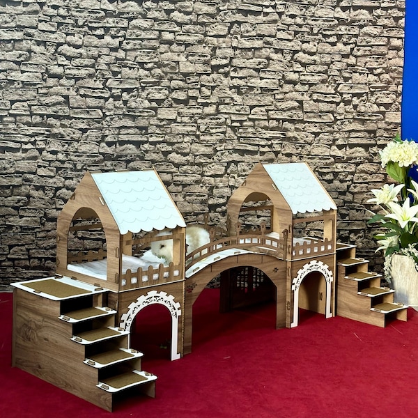 Guinea Pig Castle, with a Bridge and Twin WatchTowers |  Walnut White Furry Animals Palace.