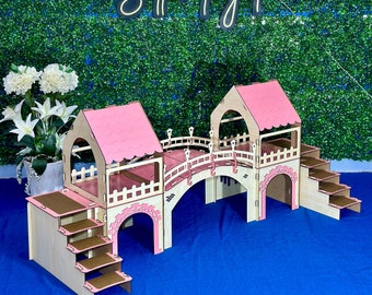 Bunny Castle, with a Bridge and Two Towers, Maple Pink Bunny Fortress with a Bridge and Twin Towers