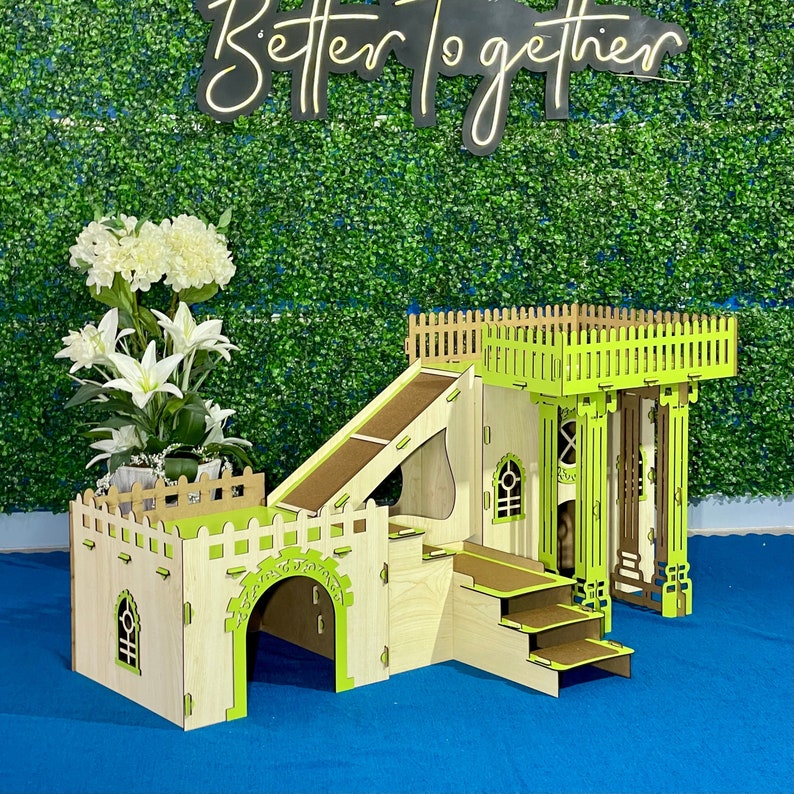 Cat Villa with Four Living Spaces Multifunctional Doublex Maple Green Kitten Castle Kitty House image 1