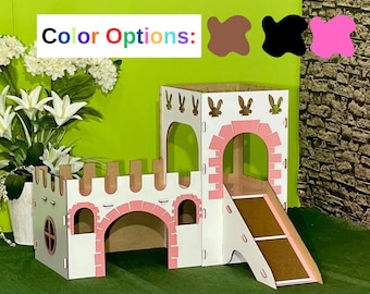 Castillo de conejos de dos pisos: casa blanca para conejos con torre y terraza, casita de juegos de madera para conejos, muebles de interior para conejos / Más opciones de color