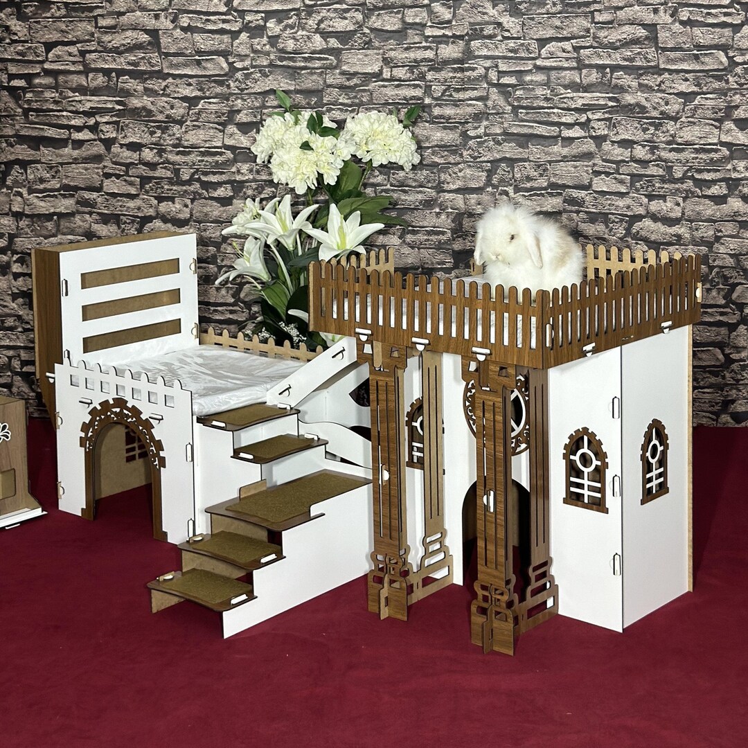 Terrace Rabbit Bunny Villa With a Feeder: Two-room and Two-terrace Rabbit House White ...