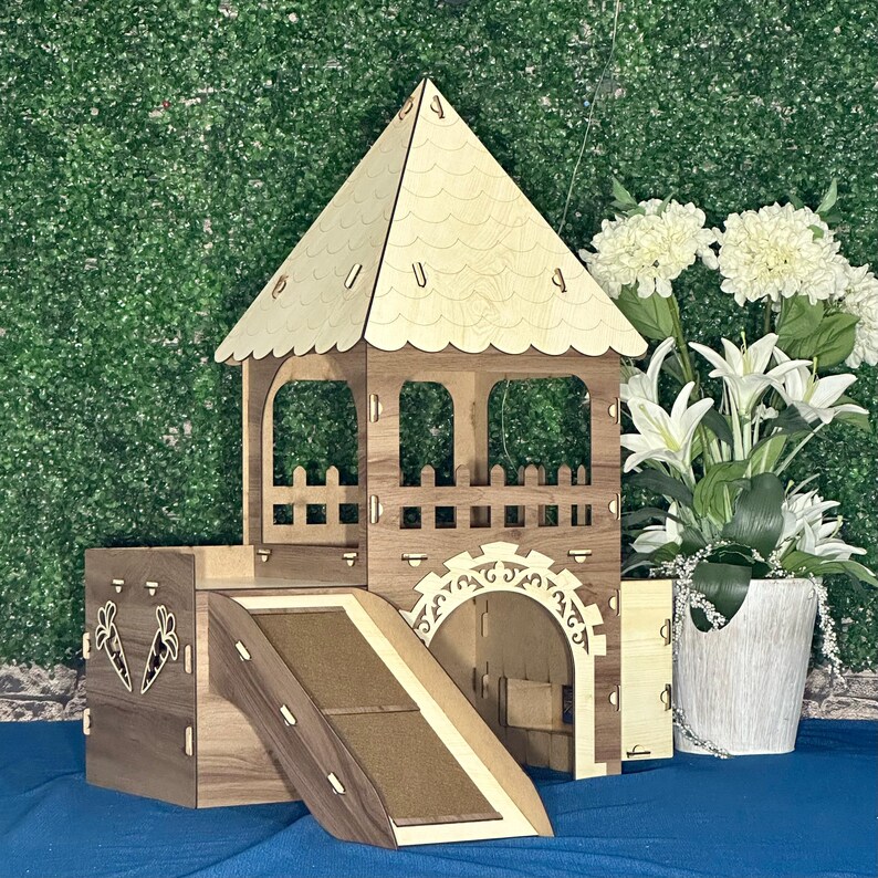 Stacked Rabbit Tower Elegant Bunny Castle With Feeder – Wooden Rabbit Tower House, Two-story ...