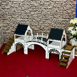 Guinea Pig Castle, with a Bridge and Twin WatchTowers |  White Black Furry Animals Palace.