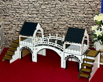 Guinea Pig Castle, with a Bridge and Twin WatchTowers |  White Black Furry Animals Palace.
