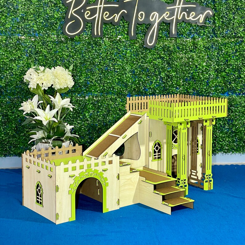 Cat Villa with Four Living Spaces Multifunctional Doublex Maple Green Kitten Castle Kitty House image 7