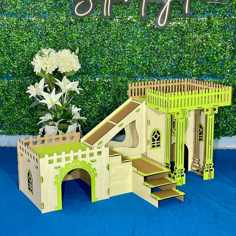 Cat Villa with Four Living Spaces Multifunctional Doublex Maple Green Kitten Castle Kitty House image 10
