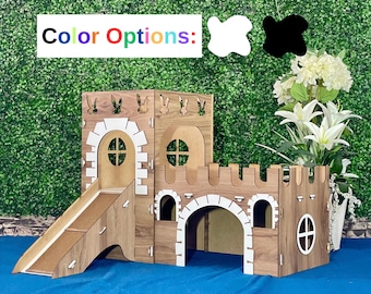Castillo de conejos de dos pisos – Casa de conejos con torre y terraza, casita de juegos de madera para conejos, muebles de interior para conejos / Más colores