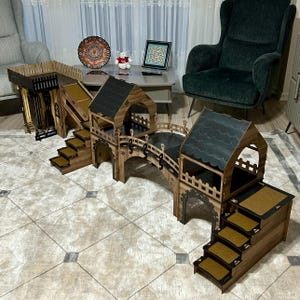 Large Plywood Rabbit Castle: Modern Bunny House with Bridge
