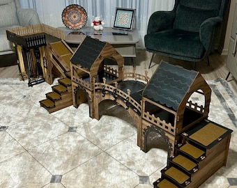 Large Plywood Rabbit Castle: Modern Bunny House with Bridge