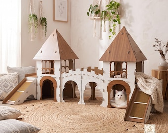 Large Cat Castle Tower with Bridge, Indoor Wooden Cat House, Multi-Level Cat Furniture, Modern Cat Climbing System