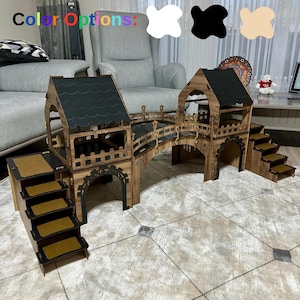 Castillo de conejos de dos pisos con puente colgante: Casa de conejos moderna de madera / Más opciones de color