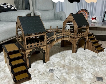 Two Story Wooden Bunny Castle – Rabbit House with Bridge, Towers, Terrace Pet Habitat Furniture More color options