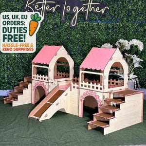 Maple Pink Bunny Castle – Two Tower Wooden Rabbit House with Bridge, Terrace