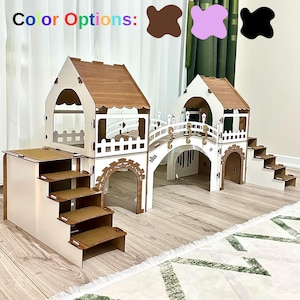 Two-Story Rabbit Castle: Wooden Bunny House with Suspension Bridge