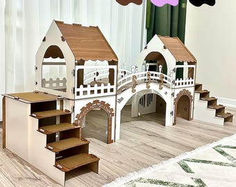 Two-Story Rabbit Castle: Wooden Bunny House with Suspension Bridge