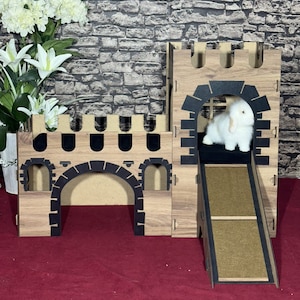 Oak Bunny Castle: Two-Story Rabbit Palace with Tower & Terrace