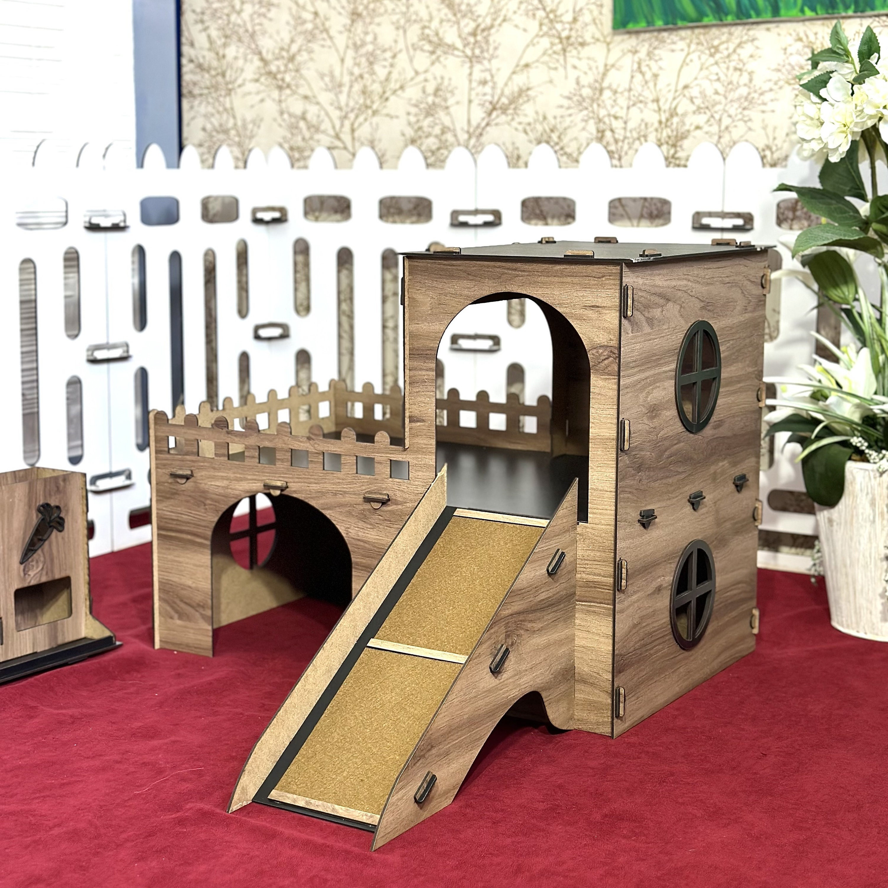 Large Bunny Castle with a Tower,Oak Black Rabbit Palace with Two-Story and Three Luxurious Area..