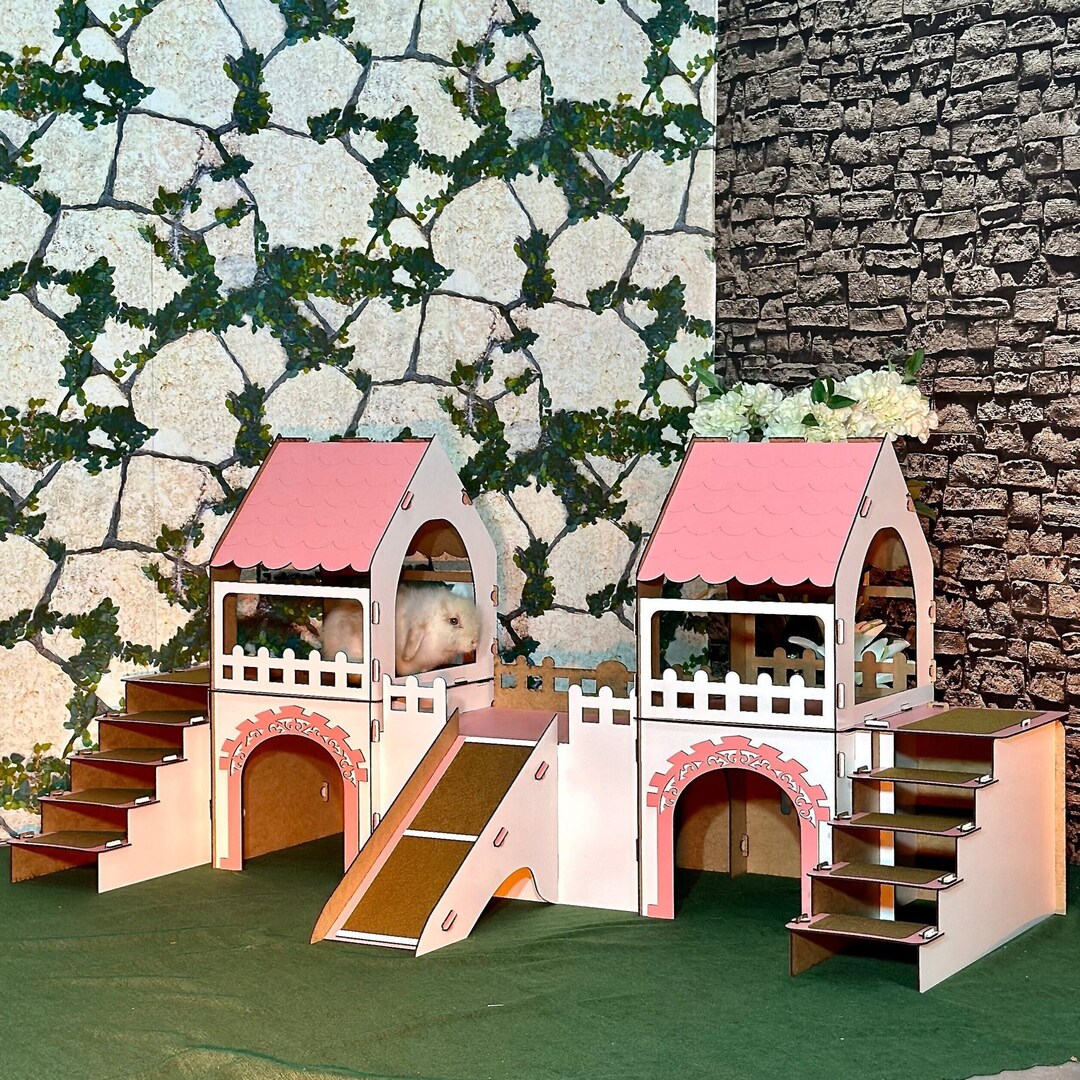Terrace Rabbit Pink & White Bunny Castle: Two-tower Rabbit Palace With Terrace - Etsy ...