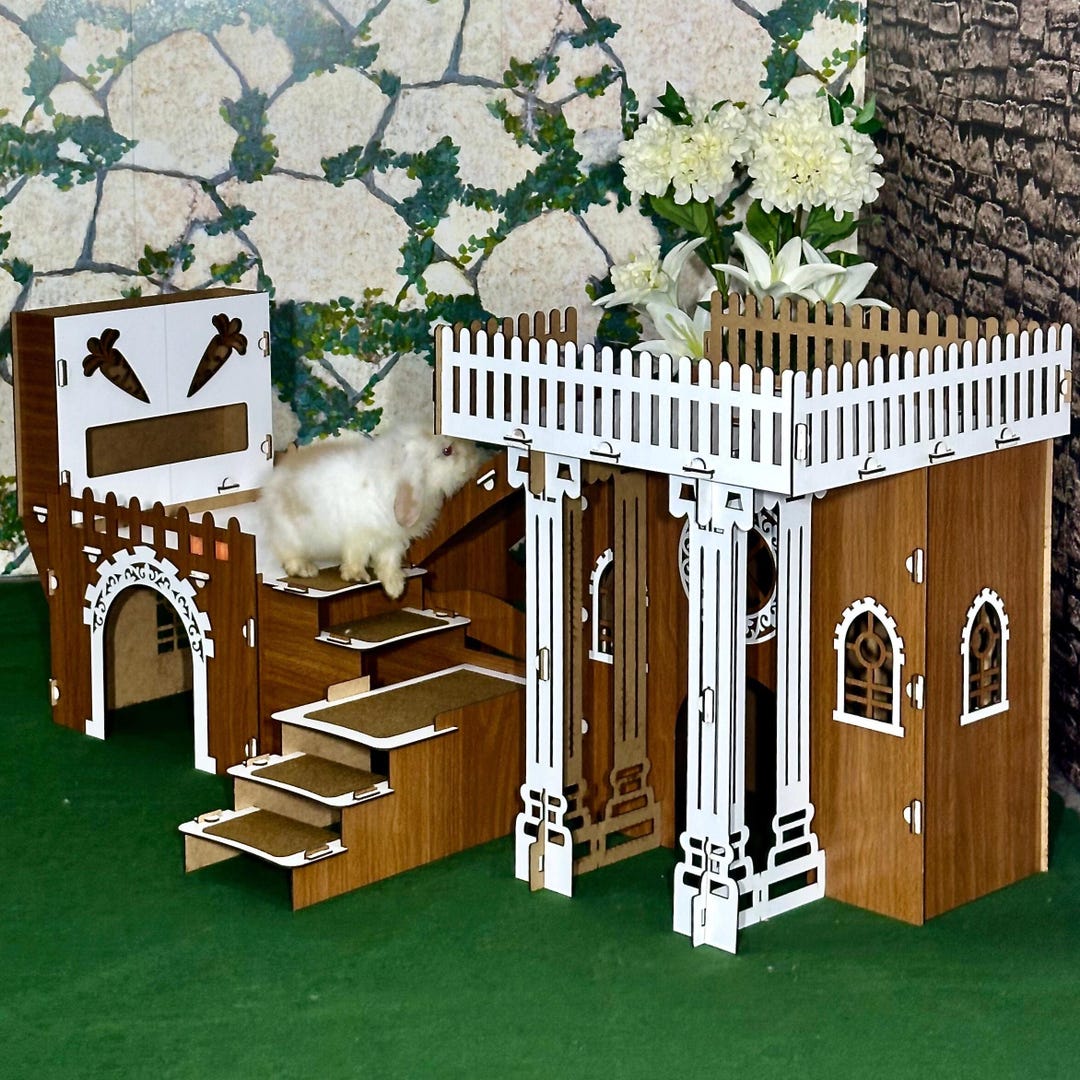 Terrace Rabbit Bunny Villa With a Feeder: Two-room and Two-terrace Rabbit House Walnut ...