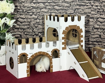 Bunny Castle with a Tower, White Walnut Rabbit Palace with Two-Story, a Terrace and Three Luxurious Rooms, Featuring Design Bunny House,