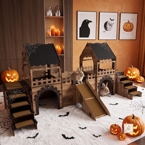 Halloween Bunny House, Spooky Wooden Rabbit Castle with Towers, Two Story Medieval Pet Habitat, Indoor Bunny Hideout, Autumn Decor playhouse