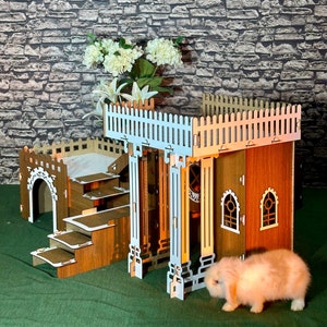 Modulare Hasenvilla - 2 Gemütliche Zimmer, 4 Spielräume, Walnuss-Weiße Indoor-Hasenburg
