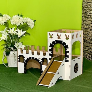 Luxury Two-Story Rabbit Castle with Single Tower and Open Terrace | Elegant White & Black Finish