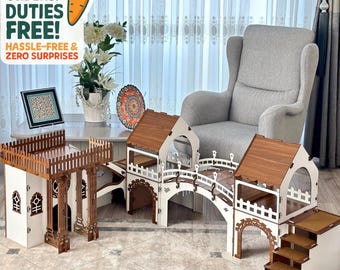 Wide Rabbit Castle Indoor – Modern Bunny House with Bridge, Large Wooden Rabbit Habitat Furniture for Rabbits  Small Pets