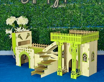 Rabbit Villa with Feeder,Two Rooms and Four Living Spaces, Four Compartment Multifunctional Rabbit Castle, Maple Green Doublex Bunny House.