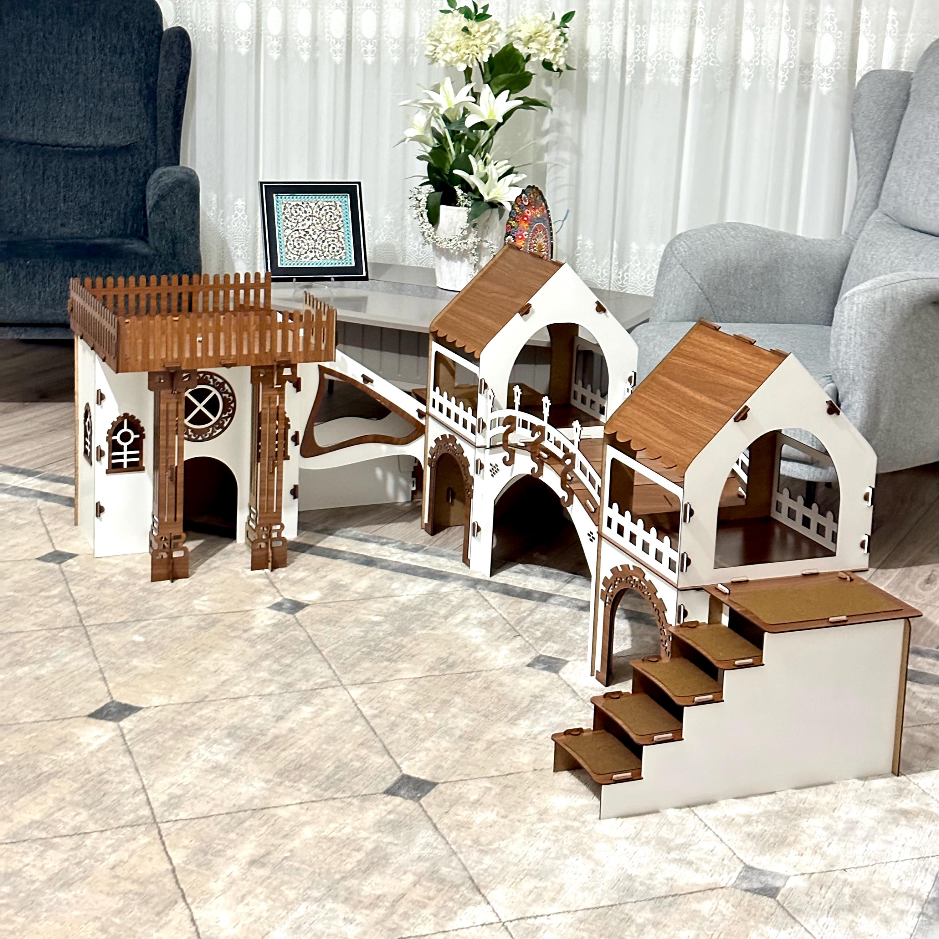 2-stöckiges Kaninchenhaus Mit Holzbrücke - Großes Doppel-Turm Gehege Für Bis Zu 4 Kaninchen