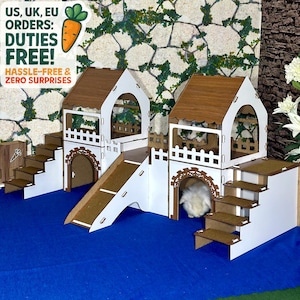 Wooden Rabbit Castle House – Two Story Bunny Habitat with Terrace Furniture