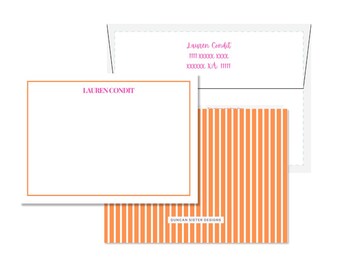 May include: Orange and white striped stationery set with a white card featuring the name "LAUREN CONDIT" in pink lettering and a matching envelope with the name and address in pink lettering.