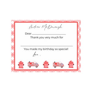 Personalisierte Feuerwehrauto Geburtstag Danke Postkarte. Feuerwehrauto-Thema Party Karte zum Ausdrucken. Benutzerdefinierte Kinder Dankeschön beachten. 5.5x4.25 Flache Karte