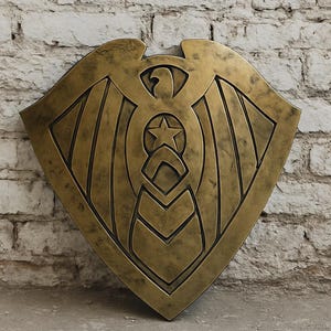 May include: A bronze-colored shield with an eagle emblem, a star, and chevron details. The shield is set against a white brick wall, showcasing a vintage aesthetic. The shield's design is symmetrical and detailed.