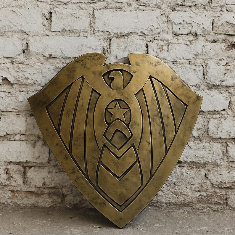 May include: A bronze-colored shield with an eagle emblem, a star, and chevron details. The shield is set against a white brick wall, showcasing a vintage aesthetic. The shield's design is symmetrical and detailed.