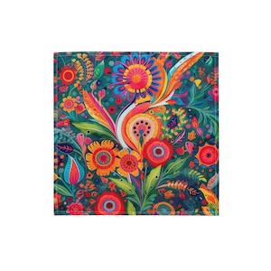 May include: A vibrant floral pattern with bright colors like red, orange, yellow, blue, and green. The flowers are stylized and have a whimsical feel. The background is a deep teal.