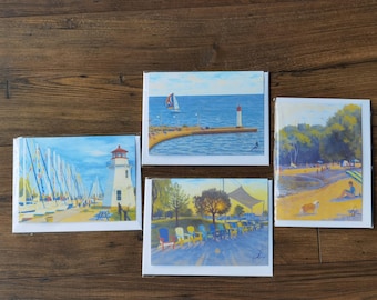 Set of Four Handmade Art Cards - Vibrant Bronte, Canada Scenes Set 2