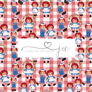 May include: A seamless pattern featuring red-headed rag dolls in various poses on a red and white gingham background. The dolls are wearing blue and white dresses and some are holding jump ropes.