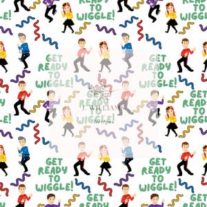 May include: A repeating pattern featuring cartoon figures in colorful outfits dancing, interspersed with wavy lines and the text "GET READY TO WIGGLE!". The design includes various colors like red, blue, yellow, and purple on a white background.