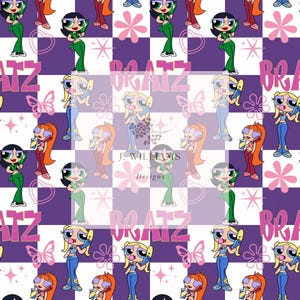 May include: A repeating pattern featuring cartoon characters in various outfits, set against a checkered purple and white background. The word "BRATZ" is prominently displayed. Pink flowers and butterflies add decorative elements.