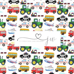 May include: A seamless pattern featuring various vehicles, including a school bus, police car, ambulance, fire engine, aeroplane, tractor, boat, and train. The vehicles are all brightly coloured and have a cartoonish style.