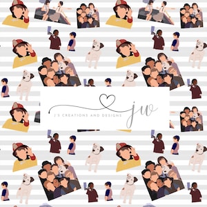 Puede incluir: Un patrón repetitivo con ilustraciones de un bombero, un grupo de personas, un perro y niños. El diseño incluye el texto "J'S CREATIONS AND DESIGNS" en un rectángulo blanco, sobre un fondo de rayas grises y blancas.