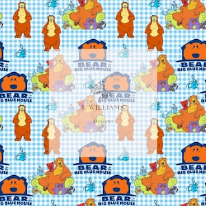 May include: A repeating pattern featuring characters and logos from the children's television show, "Bear in the Big Blue House." The design includes images of a brown bear, a blue house, and other characters on a light blue and white checkered background.