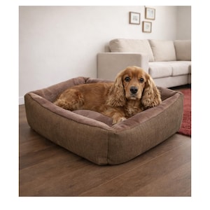 Puede incluir: Una cama para perros rectangular de color marrón. La cama tiene un interior acolchado y suave y un exterior texturizado. Un Cocker Spaniel dorado está descansando cómodamente dentro. El perro mira directamente a la cámara.