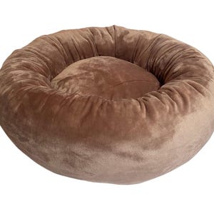 Round calming dog bed beige soft plush donut pet bed small & medium dog cat fluffy puppy bed cozy bagel-style dog furniture anti-anxiety