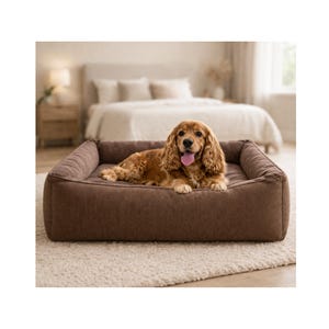 Puede incluir: Una cama para perros marrón con forma rectangular. La cama tiene un interior acolchado y un borde elevado. Un perro Cocker Spaniel de color marrón dorado está cómodamente acostado en la cama. La cama está sobre una alfombra clara.