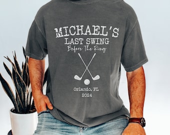 Camisetas personalizadas para despedida de soltero de golf, camisetas divertidas para soltero, camisetas para grupos de padrinos de boda, camisetas personalizadas de golf para soltero, último swing antes del ring
