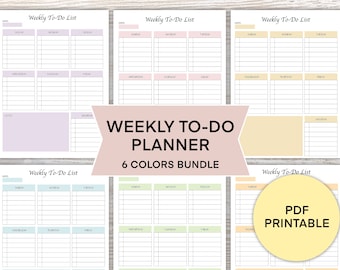 May include: A set of six printable weekly to-do list planners in different colors. The planners are designed with a simple layout and include spaces for each day of the week, notes, and a title that says "Weekly To-Do List". The text "WEEKLY TO-DO PLANNER 6 COLORS BUNDLE" is displayed in a large font on a pink background. The text "PDF PRINTABLE" is displayed in a large font on a yellow background.
