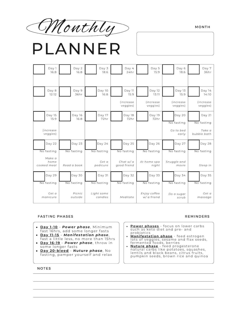Advanced Fasting Calendar, Fast Like a Girl Calendar, Minimalist Design