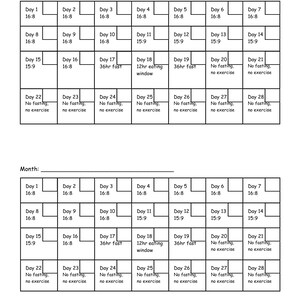 Peut inclure: Un calendrier de jeûne imprimable noir et blanc avec une grille de 28 jours. Le calendrier comprend les heures de jeûne quotidiennes et des notes pour chaque phase du jeûne. Le texte comprend : "Jour 1-10 : Phase de puissance, jeûne comme un boss", "Jour 11-15 : Phase de manifestation, augmenter les légumes, pas plus de 15 heures de jeûne", "Jour 16-19 : Phase de puissance, mettez-vous au défi", "Jour 20-saigner : Phase de nourrissage, pas de jeûne et dorlotez-vous."